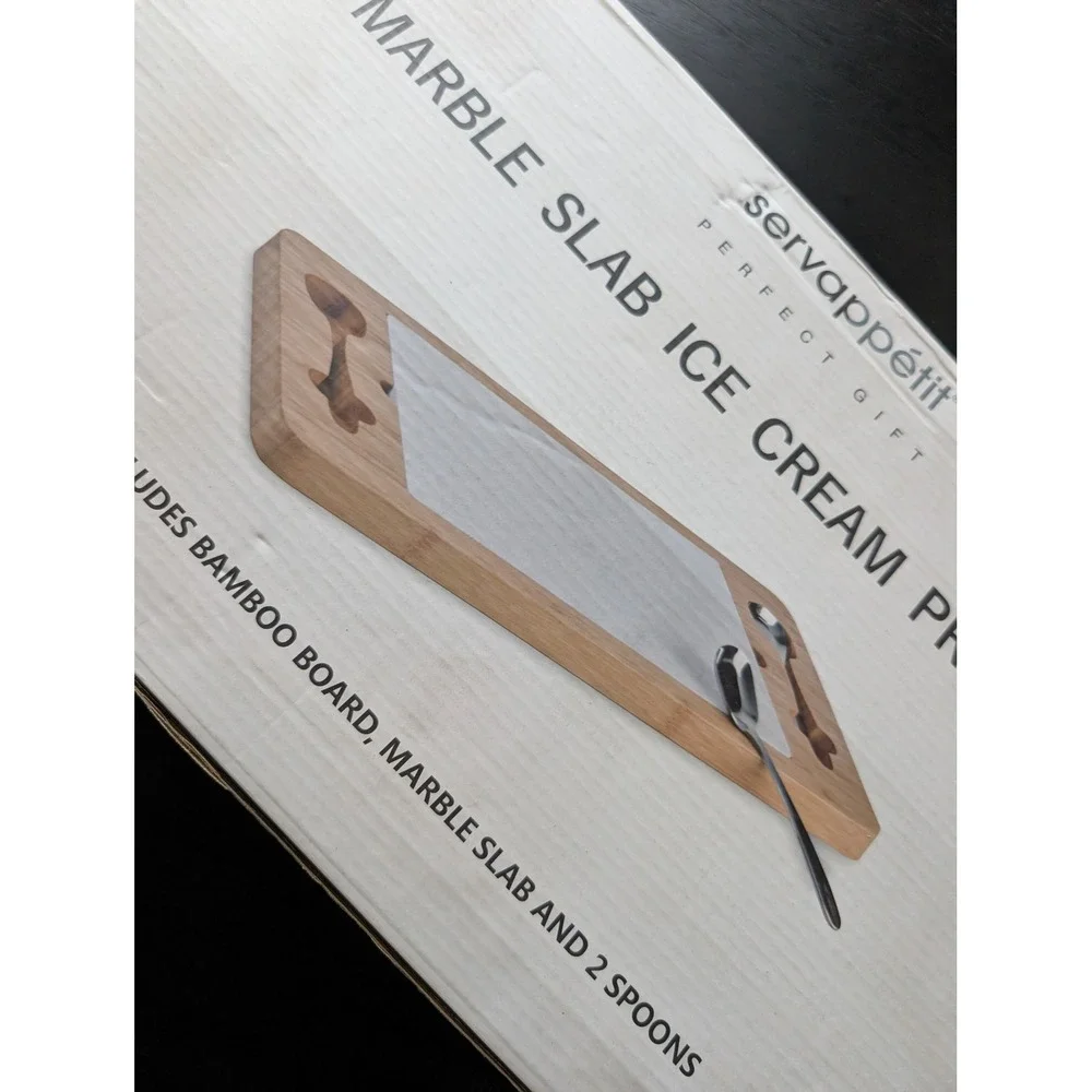 Servappetit Marble Slab Ice Cream Prep Set Bamboo Board 2 Spoons New 17